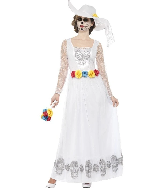 Day Of The Dead Skeleton Bride Costume, White 1 Day Of The Dead Skeleton Bride Costume, White