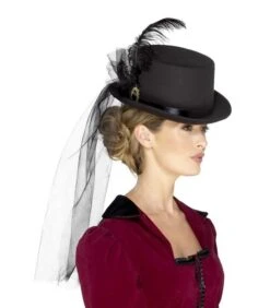 Deluxe Ladies Victorian Top Hat, With Elastic, Bla