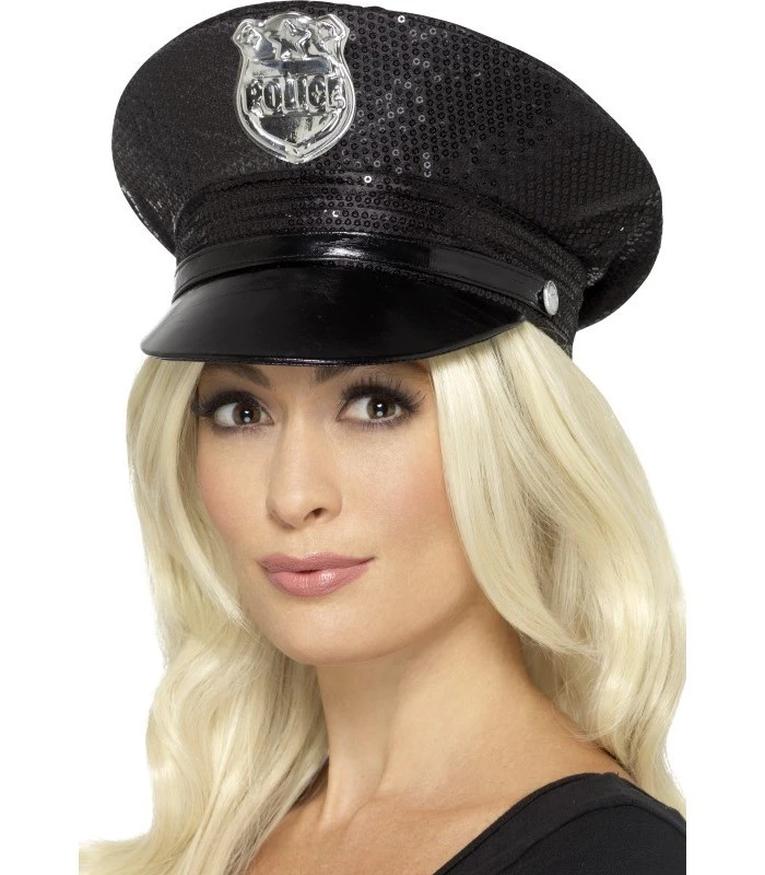 Fever Sequin Police Hat, Black 1 Fever Sequin Police Hat, Black
