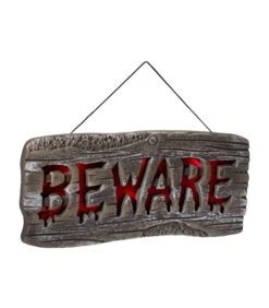 Light Up Hanging Beware Sign, Grey & Red