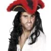 Pirate Tricorn Hat, Red Feather, Black