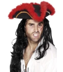 Pirate Tricorn Hat, Red Feather, Black
